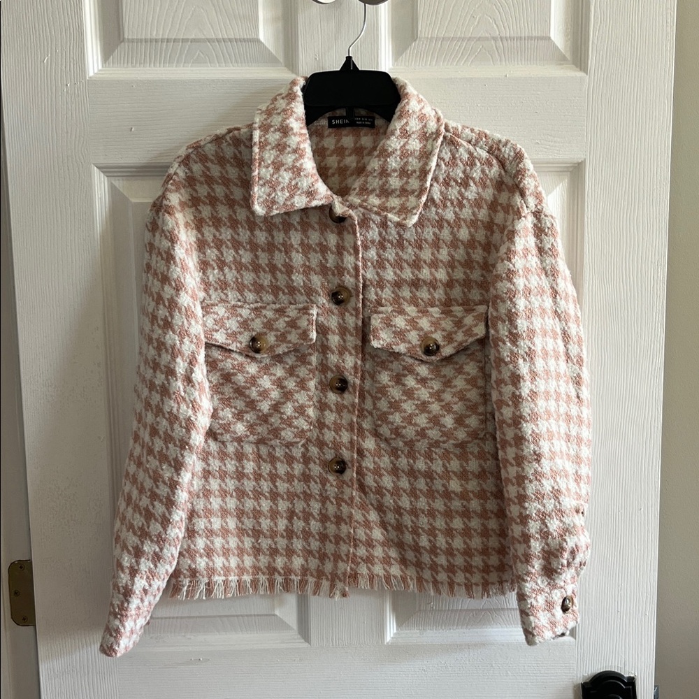 SHEIN Cream and Pink Cropped Tweed Jacket